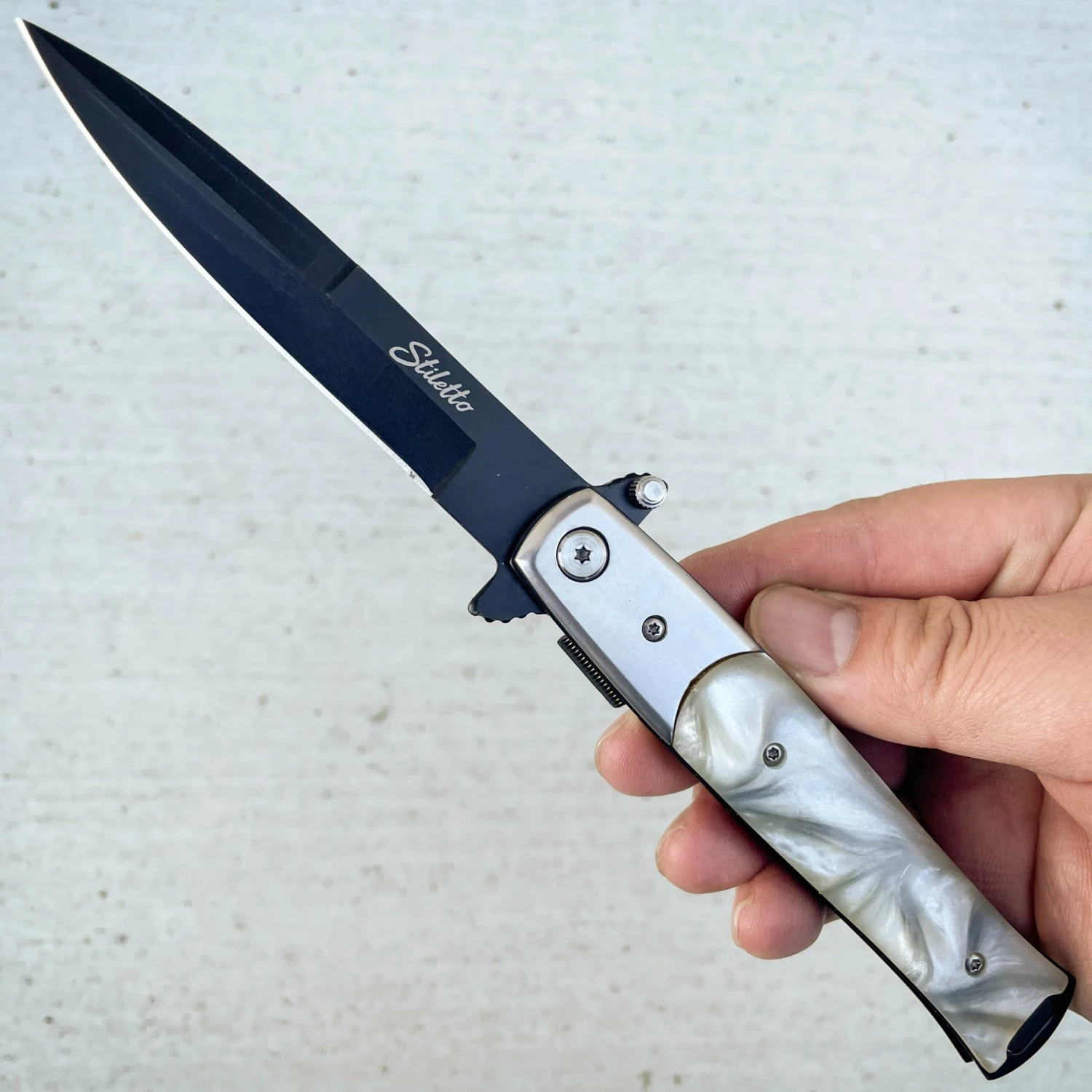 9" Italian Milano Stiletto Tactical Spring Assisted Open Pocket Knife Pearl 3 9" Italian Milano Stiletto Tactical Spring Assisted Open Pocket Knife Pearl