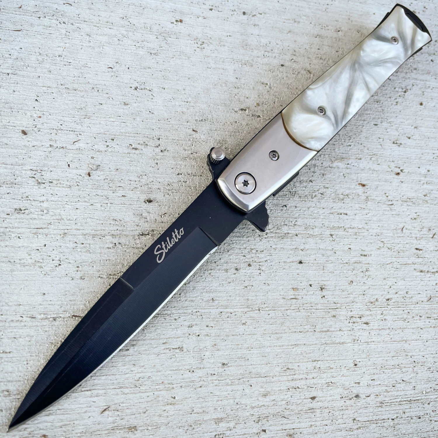 9" Italian Milano Stiletto Tactical Spring Assisted Open Pocket Knife Pearl 4 9" Italian Milano Stiletto Tactical Spring Assisted Open Pocket Knife Pearl - Image 2