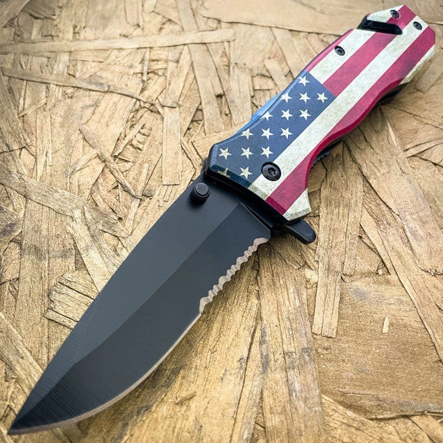 8" Military Tactical USA Flag Spring Assisted Folding Rescue Pocket Knife 4 8" Military Tactical USA Flag Spring Assisted Folding Rescue Pocket Knife - Image 2