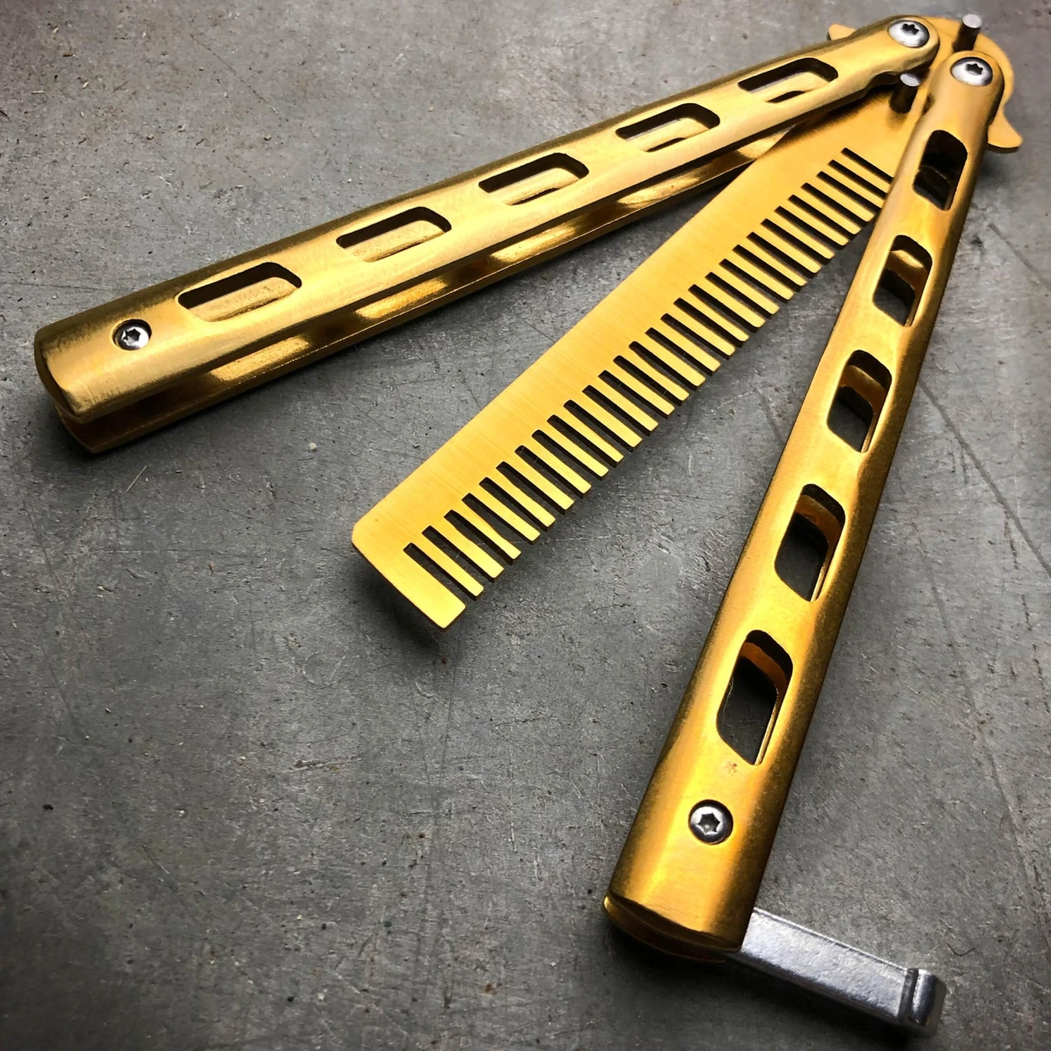 GOLD Butterfly Balisong Trainer Knife Training Comb Blade Stainless Practice 4 GOLD Butterfly Balisong Trainer Knife Training Comb Blade Stainless Practice - Image 2
