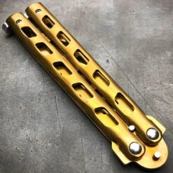 GOLD Butterfly Balisong Trainer Knife Training Comb Blade Stainless Practice 15 GOLD Butterfly Balisong Trainer Knife Training Comb Blade Stainless Practice -BLADE ADDICT Sales blade addict butterfly knife gold butterfly balisong trainer knife training comb blade stainless practice 21537711194311
