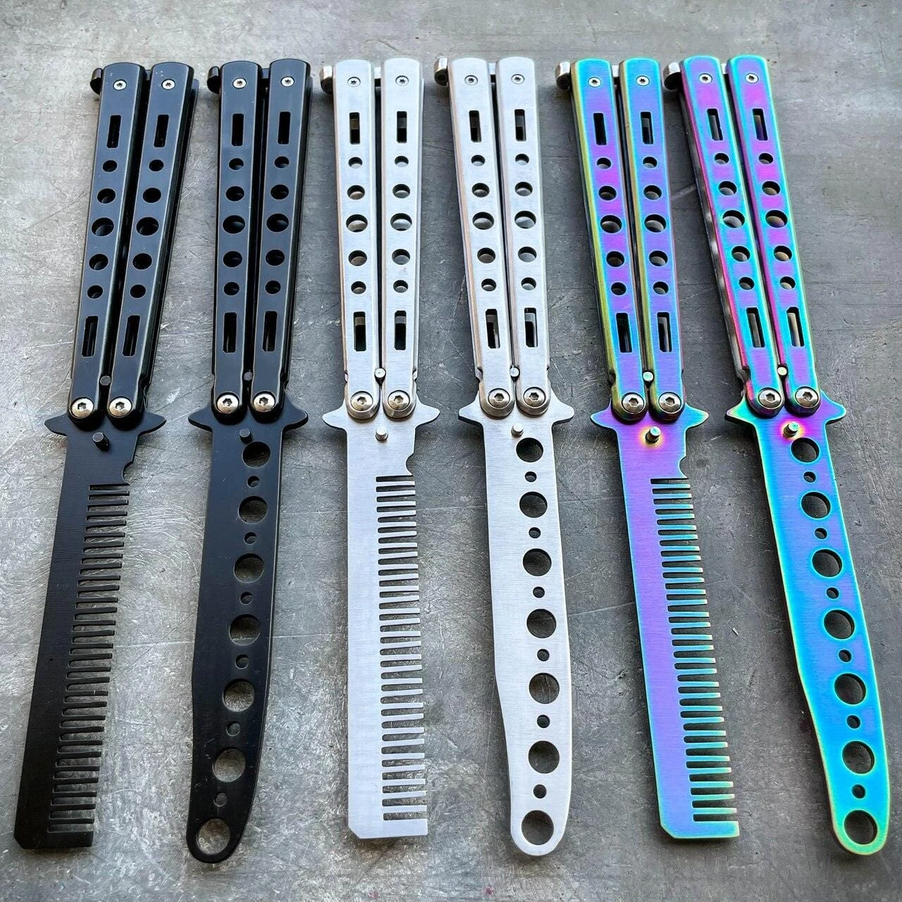 Practice BALISONG METAL BUTTERFLY Assorted Trainer Knife BLADE Comb Brush NEW 3 Practice BALISONG METAL BUTTERFLY Assorted Trainer Knife BLADE Comb Brush NEW