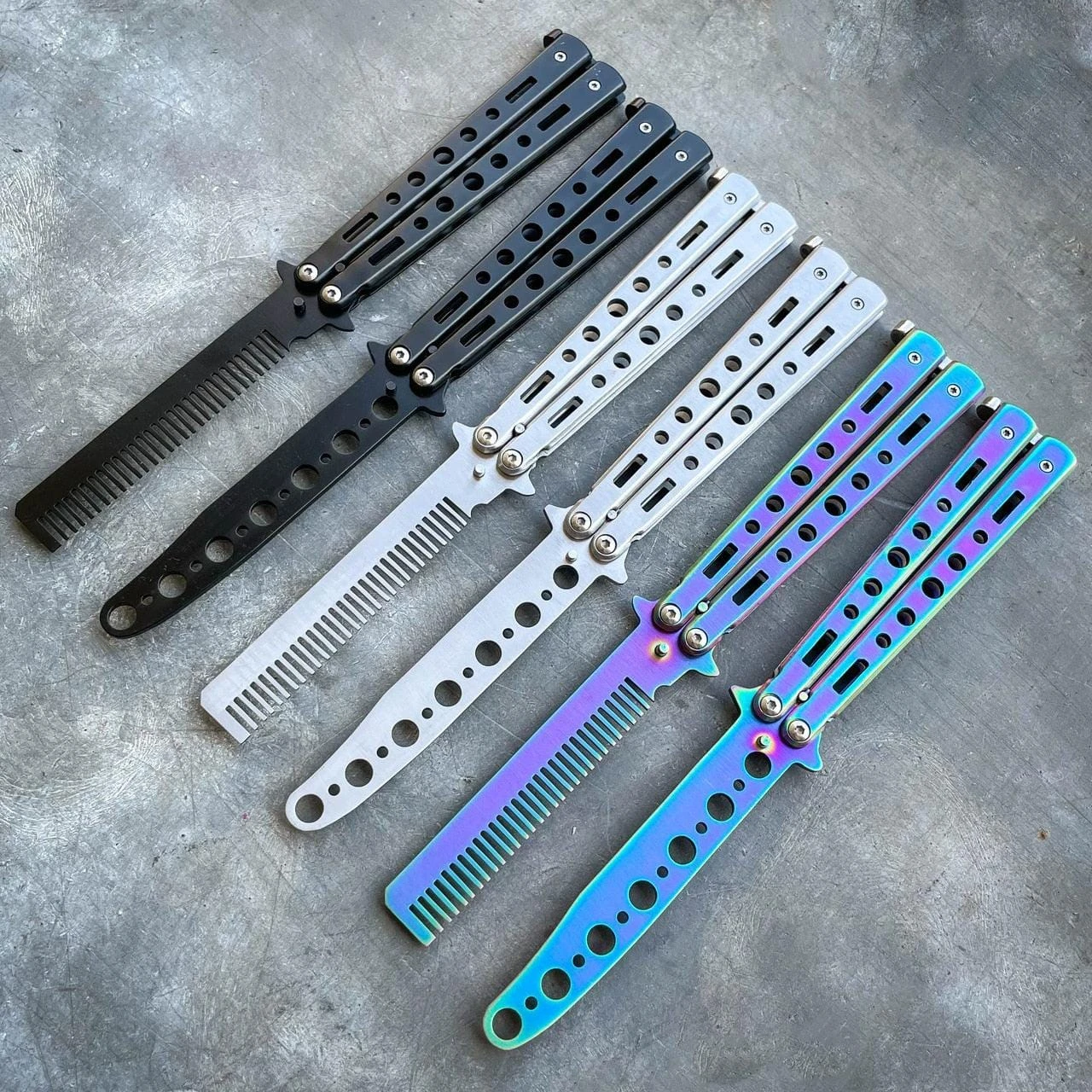 Practice BALISONG METAL BUTTERFLY Assorted Trainer Knife BLADE Comb Brush NEW 4 Practice BALISONG METAL BUTTERFLY Assorted Trainer Knife BLADE Comb Brush NEW - Image 2