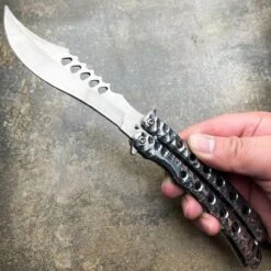 9" The Predator Curved Blade Balisong 21 9" The Predator Curved Blade Balisong -BLADE ADDICT Sales blade addict butterfly knife silver 9 the predator curved blade balisong 28559752659143