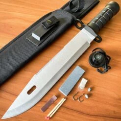 15" Tactical Hunting Rambo Fixed Blade Silver Knife Machete Bowie W Survival Kit