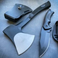 2 PC Camping Fixed Blade Tactical Combat Survival Knife W/ Sheath + Axe Hatchet