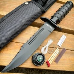 9.5" Tactical Hunting Army Rambo Fixed Blade Knife Machete Bowie W Survival Kit Black
