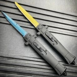 9" Italian Stiletto Style OTF Knife Damascus Etch -BLADE ADDICT Sales blade addict knives 9 italian stiletto style otf knife damascus etch 36628009681110