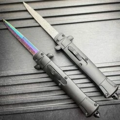 9" Italian Stiletto Style OTF Knife Damascus Etch -BLADE ADDICT Sales blade addict knives 9 italian stiletto style otf knife damascus etch 36869916623062