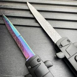 9" Italian Stiletto Style OTF Knife Damascus Etch -BLADE ADDICT Sales blade addict knives 9 italian stiletto style otf knife damascus etch 36869916655830