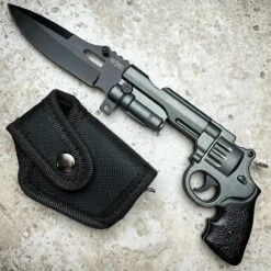 9" REVOLVER Tactical Pistol Replica Gun Spring OPEN Assisted Grey Pocket Knife