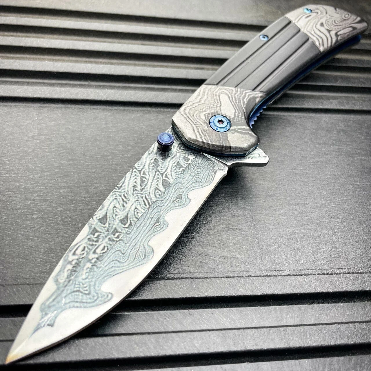 8" Heavy Titanium Damascus Etched Stainless Steel Spring Assisted Pocket Knife 4 8" Heavy Titanium Damascus Etched Stainless Steel Spring Assisted Pocket Knife - Image 2