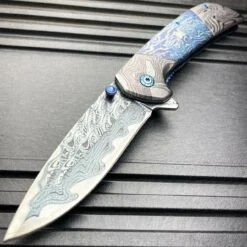 8" Heavy Titanium Damascus Etched Stainless Steel Spring Assisted Pocket Knife 11 8" Heavy Titanium Damascus Etched Stainless Steel Spring Assisted Pocket Knife -BLADE ADDICT Sales blade addict knives blue 8 heavy titanium damascus etched stainless steel spring assisted pocket knife 37253341348054