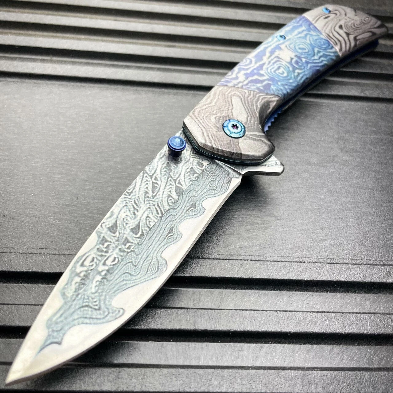 8" Heavy Titanium Damascus Etched Stainless Steel Spring Assisted Pocket Knife 7 8" Heavy Titanium Damascus Etched Stainless Steel Spring Assisted Pocket Knife - Image 5