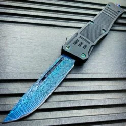 Damascus Etch OTF -BLADE ADDICT Sales blade addict knives blue damascus etch otf 36533919744214