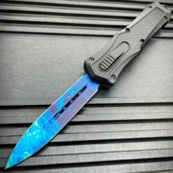 MORTAR DAGGER AUTOMATIC OTF POCKET KNIFE - STAINLESS STEEL BLADE, ALUMINUM HANDLE, SLIDE TRIGGER - CLOSED 5 3/4” -BLADE ADDICT Sales blade addict knives blue mortar otf 36534079127766