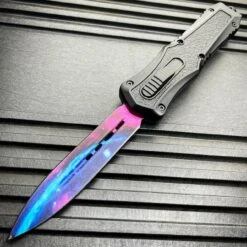 MORTAR DAGGER AUTOMATIC OTF POCKET KNIFE - STAINLESS STEEL BLADE, ALUMINUM HANDLE, SLIDE TRIGGER - CLOSED 5 3/4” -BLADE ADDICT Sales blade addict knives galaxy black mortar otf 36534081585366