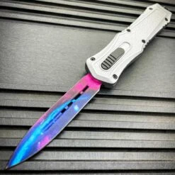 MORTAR DAGGER AUTOMATIC OTF POCKET KNIFE - STAINLESS STEEL BLADE, ALUMINUM HANDLE, SLIDE TRIGGER - CLOSED 5 3/4” -BLADE ADDICT Sales blade addict knives galaxy white mortar otf 36534080798934