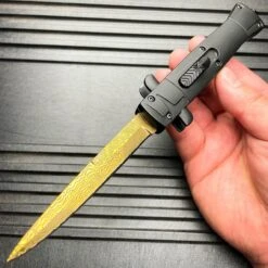 9" Italian Stiletto Style OTF Knife Damascus Etch -BLADE ADDICT Sales blade addict knives gold 9 italian stiletto style otf knife damascus etch 36628012695766