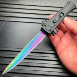 9" Italian Stiletto Style OTF Knife Damascus Etch -BLADE ADDICT Sales blade addict knives rainbow 9 italian stiletto style otf knife damascus etch 36869916688598