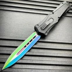 MORTAR DAGGER AUTOMATIC OTF POCKET KNIFE - STAINLESS STEEL BLADE, ALUMINUM HANDLE, SLIDE TRIGGER - CLOSED 5 3/4” -BLADE ADDICT Sales blade addict knives rainbow mortar otf 36534080078038