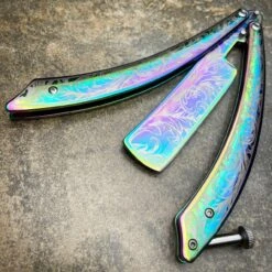 The Barber Balisong Butterfly Knife Straight Razor 13 The Barber Balisong Butterfly Knife Straight Razor -BLADE ADDICT Sales blade addict knives rainbow the barber balisong butterfly knife straight razor 36191299600598