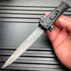 9" Italian Stiletto Style OTF Knife Damascus Etch -BLADE ADDICT Sales blade addict knives silver 9 italian stiletto style otf knife damascus etch 36869916721366