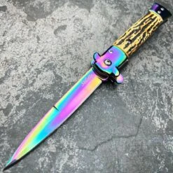 9" Italian Style Rainbow Spring Assisted Open Folding Stiletto Pocket Knife -BLADE ADDICT Sales blade addict knives stag 9 italian style rainbow spring assisted open folding stiletto pocket knife 36349617045718
