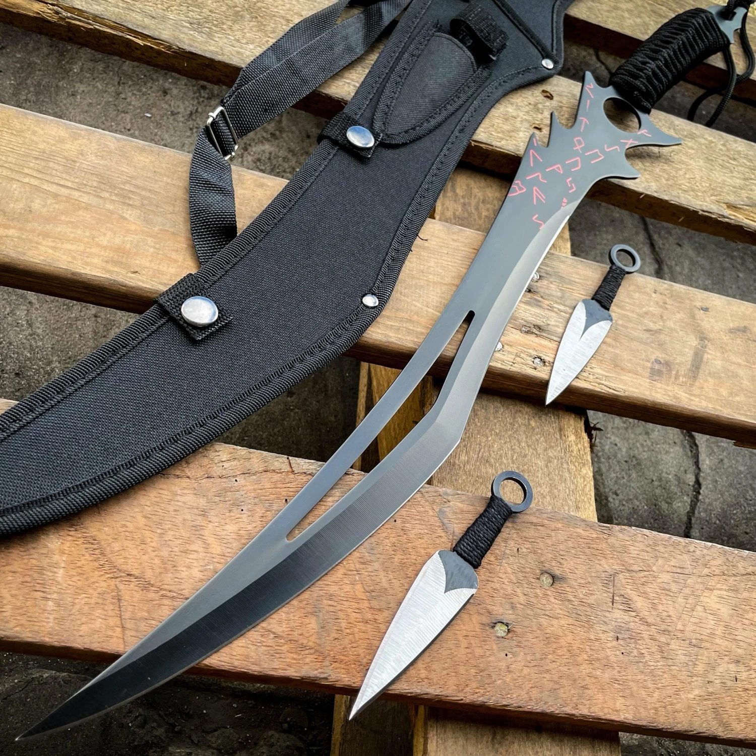 26" NINJA SWORD Zombie Anime Machete Tactical Blade Katana + 2PCS Throwing Knife 7 26" NINJA SWORD Zombie Anime Machete Tactical Blade Katana + 2PCS Throwing Knife - Image 5