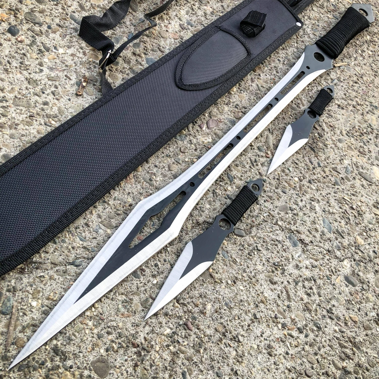 27" Ninja Machete Sword Tactical Fixed BLADE W/ 2 Throwing Knife+ Sheath Set 10 27" Ninja Machete Sword Tactical Fixed BLADE W/ 2 Throwing Knife+ Sheath Set - Image 8