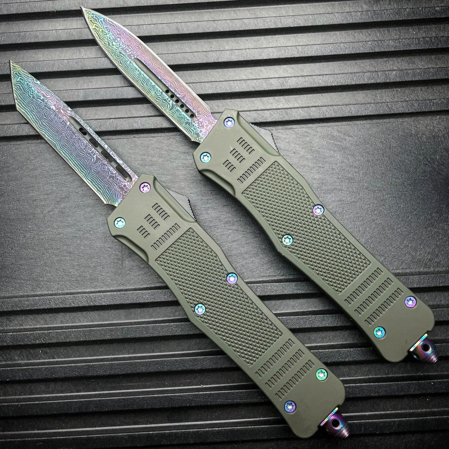 9" Damascus Rainbow STEEL Ghost OTF Tactical Pocket Knife 5 9" Damascus Rainbow STEEL Ghost OTF Tactical Pocket Knife - Image 3