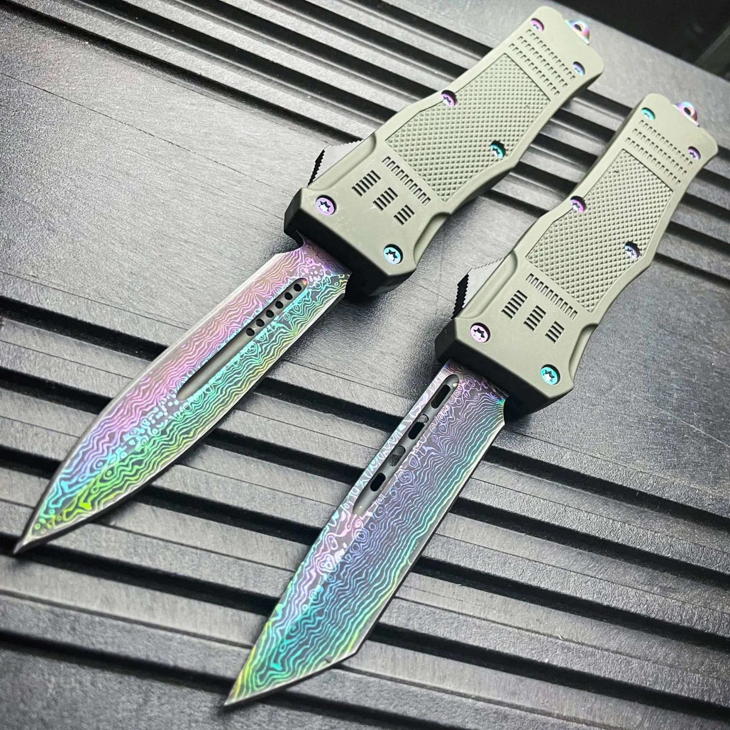 9" Damascus Rainbow STEEL Ghost OTF Tactical Pocket Knife 4 9" Damascus Rainbow STEEL Ghost OTF Tactical Pocket Knife - Image 2