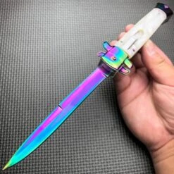 Classic Gentleman Italian Stiletto OTF Rainbow Damascus Style -BLADE ADDICT Sales blade addict pocket knives 9 white rainbow classic gentleman italian stiletto otf rainbow damascus style 15507096764504