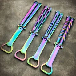 RAINBOW Bottle Opener Butterfly Balisong Trainer Knife Training Blade Practice -BLADE ADDICT Sales blade addict pocket knives rainbow bottle opener butterfly balisong trainer knife training blade practice 21537709097159