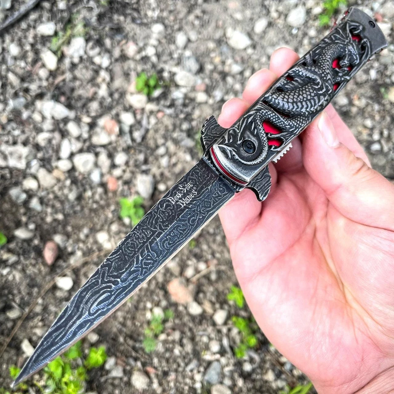 8.75" DRAGON Stiletto Spring Assisted Etch Blade FOLDING POCKET KNIFE Stonewash 8 8.75" DRAGON Stiletto Spring Assisted Etch Blade FOLDING POCKET KNIFE Stonewash - Image 6