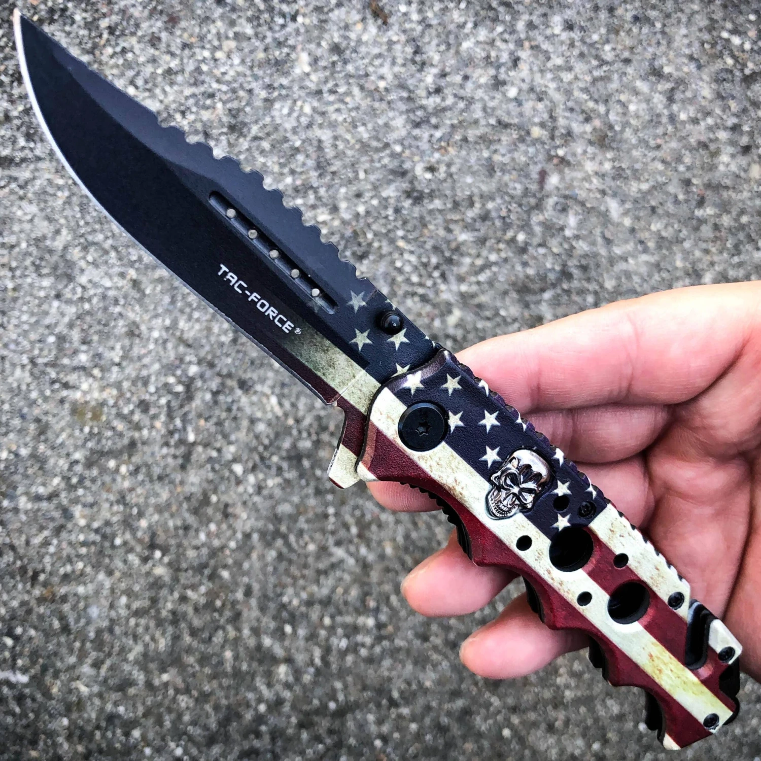 TAC FORCE Spring Opening Assisted SKULL Tactical Rescue USA FLAG Pocket Knife 3 TAC FORCE Spring Opening Assisted SKULL Tactical Rescue USA FLAG Pocket Knife