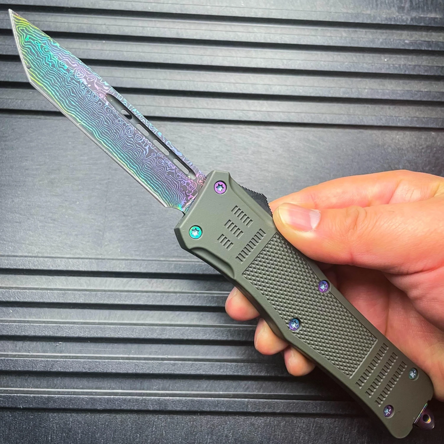 9" Damascus Rainbow STEEL Ghost OTF Tactical Pocket Knife 8 9" Damascus Rainbow STEEL Ghost OTF Tactical Pocket Knife - Image 6