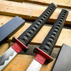 Deadpool Samurai Twin Katana Set Carbon Steel Swords Red TSuba Dual W/ Backstrap -BLADE ADDICT Sales blade addict sword deadpool samurai twin katana set carbon steel swords red tsuba dual w backstrap 30647384080583