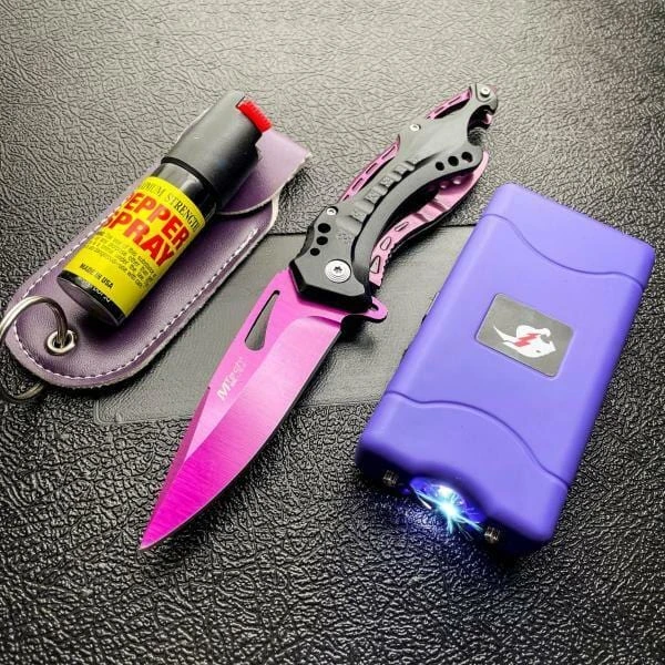 TACTICAL STUN GUN FLASHLIGHT + POCKET KNIFE + PEPPER SPRAY PURPLE SELF DEFENSE 3 TACTICAL STUN GUN FLASHLIGHT + POCKET KNIFE + PEPPER SPRAY PURPLE SELF DEFENSE