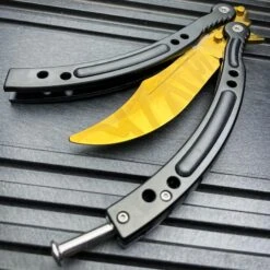CSGO Butterfly Balisong Trainer - Gold Slaughter -BLADE ADDICT Sales bladeaddictknives butterfly knife csgo butterfly balisong trainer gold slaughter 36930300346582