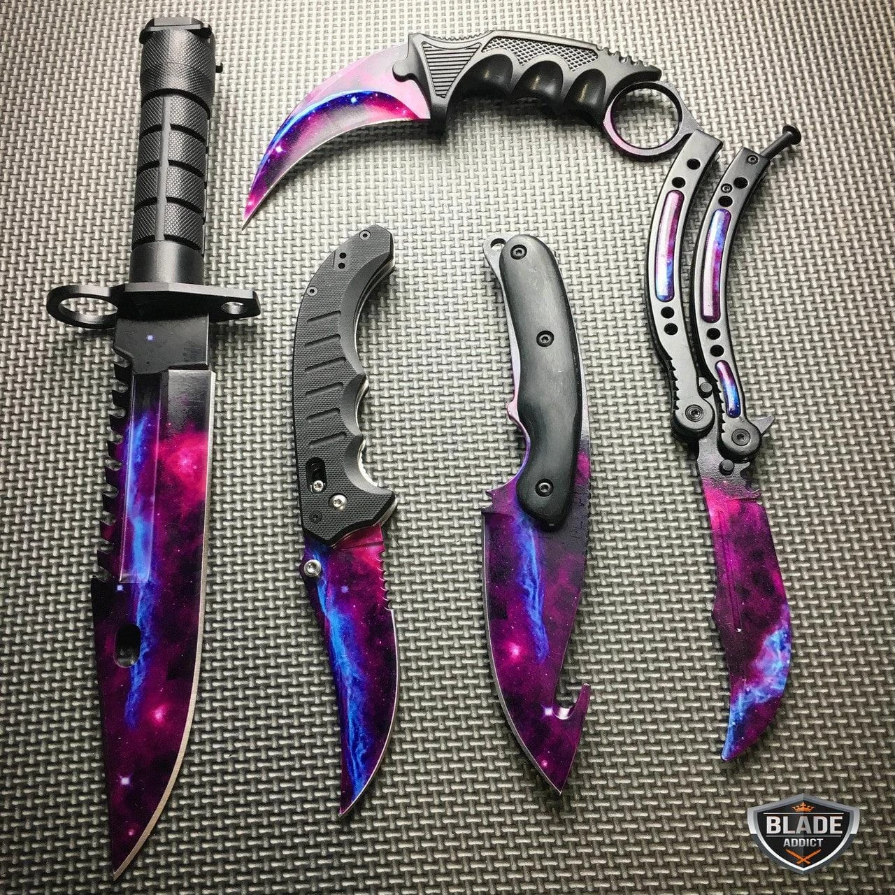 5 PC Black Galaxy Fixed Blade Hunting Knife Guthook Balisong Butterfly Bayonet Karambit Flipper Collection 3 5 PC Black Galaxy Fixed Blade Hunting Knife Guthook Balisong Butterfly Bayonet Karambit Flipper Collection