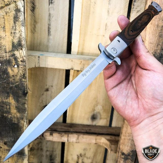 13" Classic Extra Large Brown Wood Spring Assisted Open STILETTO Pocket Knife 3 13" Classic Extra Large Brown Wood Spring Assisted Open STILETTO Pocket Knife