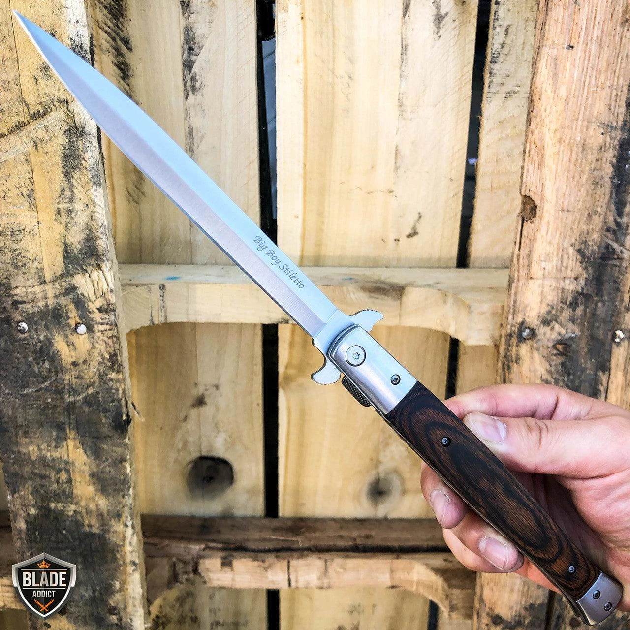 13" Classic Extra Large Brown Wood Spring Assisted Open STILETTO Pocket Knife 4 13" Classic Extra Large Brown Wood Spring Assisted Open STILETTO Pocket Knife - Image 2