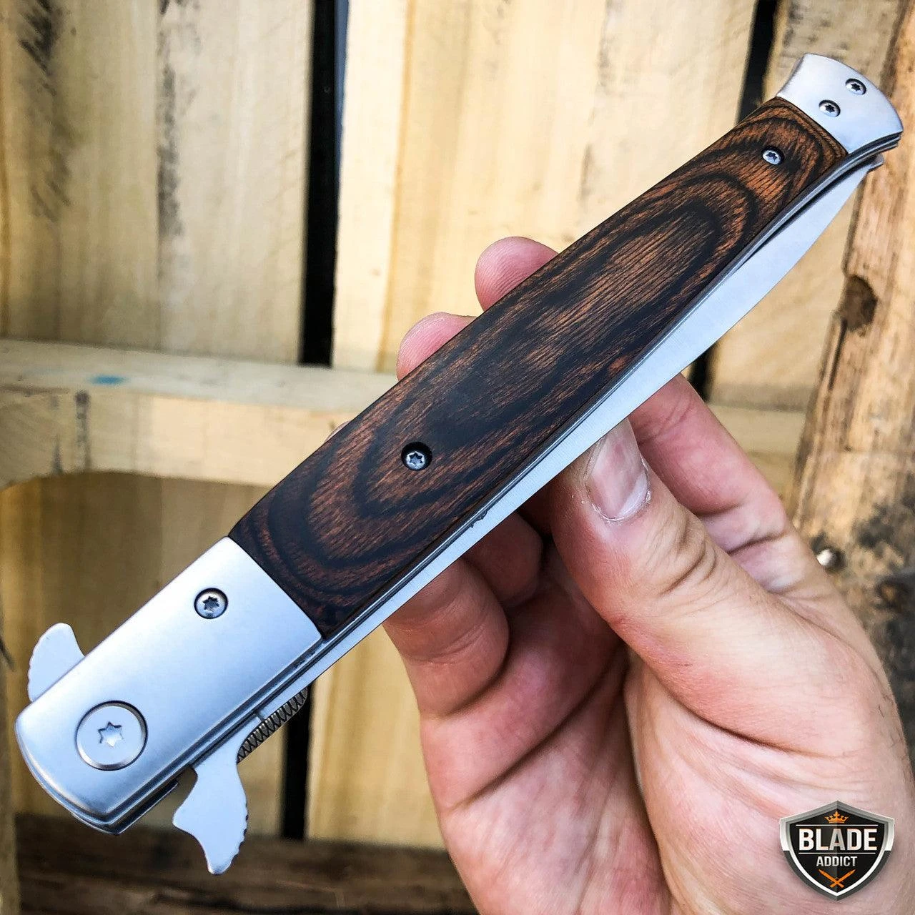 13" Classic Extra Large Brown Wood Spring Assisted Open STILETTO Pocket Knife 5 13" Classic Extra Large Brown Wood Spring Assisted Open STILETTO Pocket Knife - Image 3