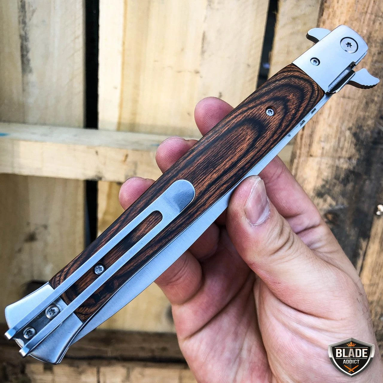 13" Classic Extra Large Brown Wood Spring Assisted Open STILETTO Pocket Knife 6 13" Classic Extra Large Brown Wood Spring Assisted Open STILETTO Pocket Knife - Image 4
