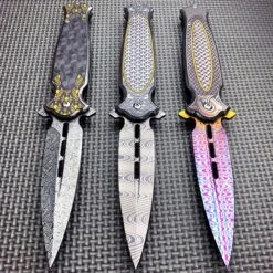 8.25" Damascus Etch Dirk Dagger Spring Open Assisted Pocket Knife