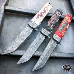 8" Dragon Damascus Sword Style Spring Assisted Folding Pocket Knife