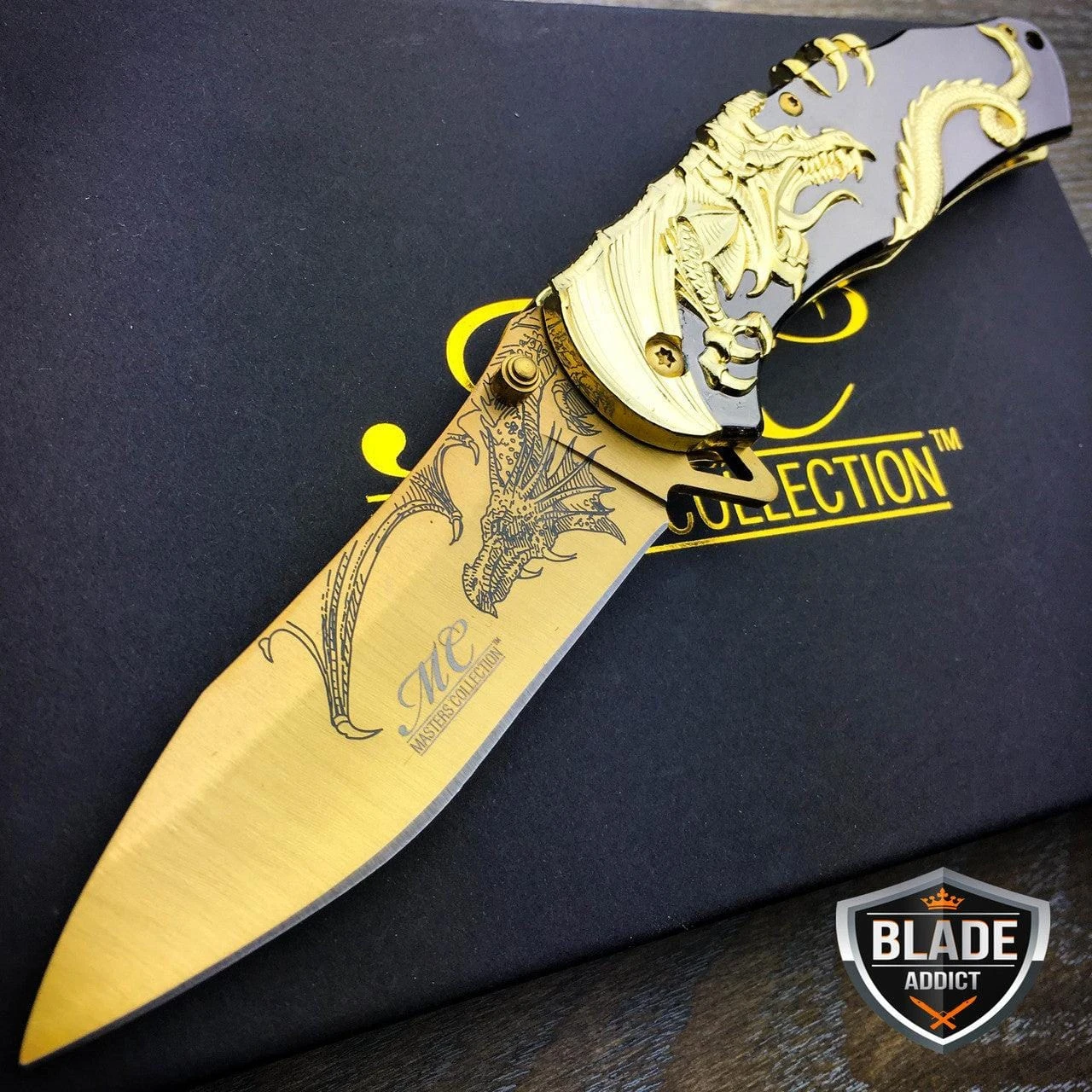 8" Gold Dragon Titanium Spring Assisted Open Blade Folding Pocket Knife Limited Edition 4 8" Gold Dragon Titanium Spring Assisted Open Blade Folding Pocket Knife Limited Edition - Image 2