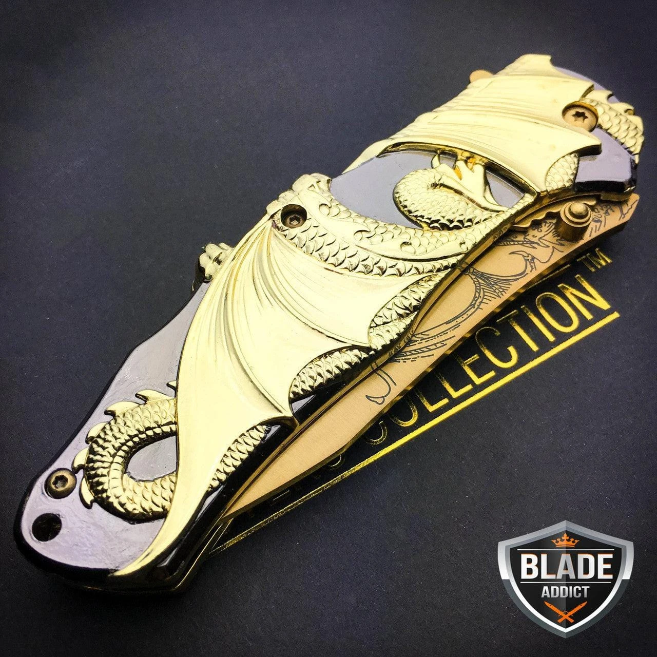 8" Gold Dragon Titanium Spring Assisted Open Blade Folding Pocket Knife Limited Edition 6 8" Gold Dragon Titanium Spring Assisted Open Blade Folding Pocket Knife Limited Edition - Image 4