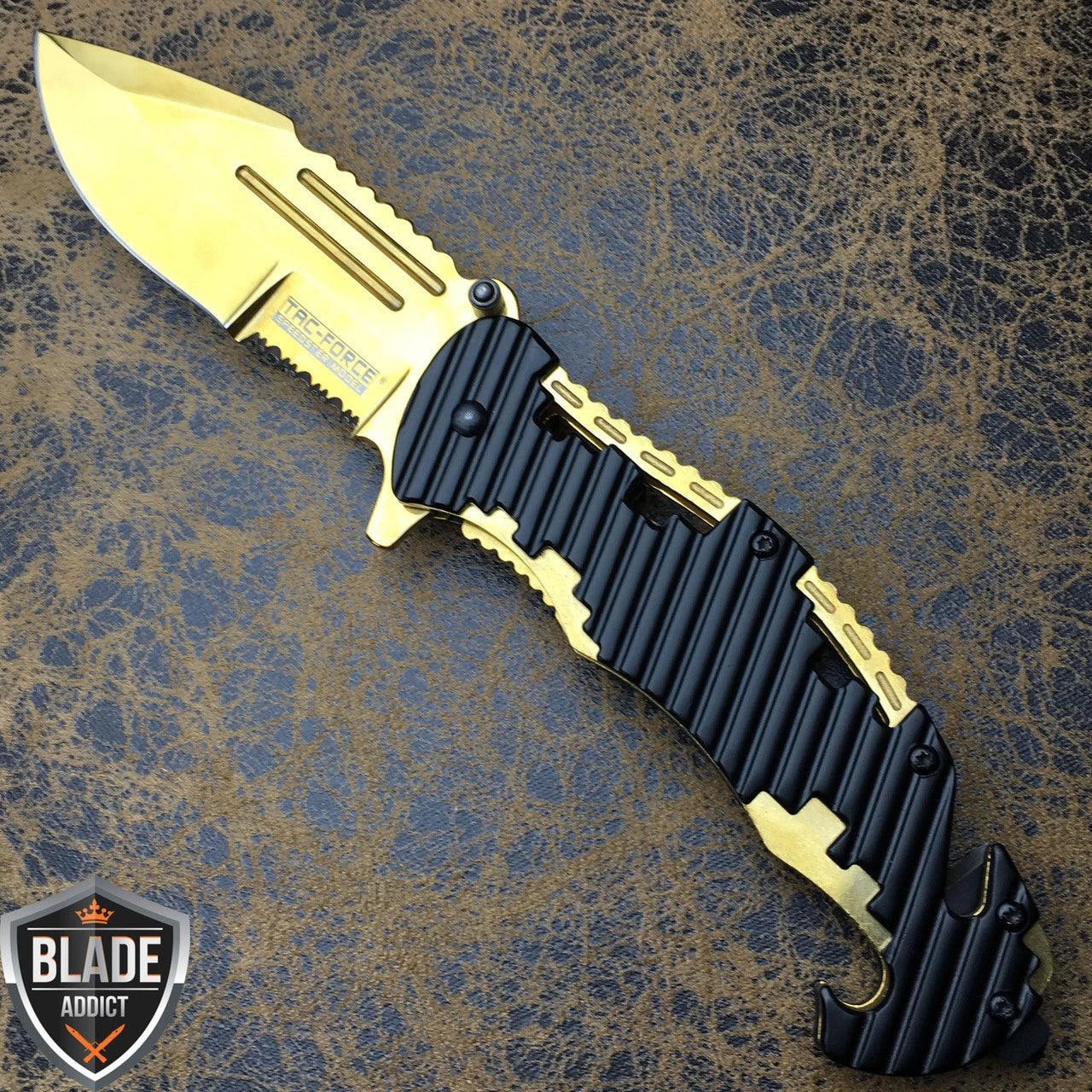 8" TAC FORCE Spring Assisted Opening GOLD Rescue FOLDING Pocket Knife 4 8" TAC FORCE Spring Assisted Opening GOLD Rescue FOLDING Pocket Knife - Image 2